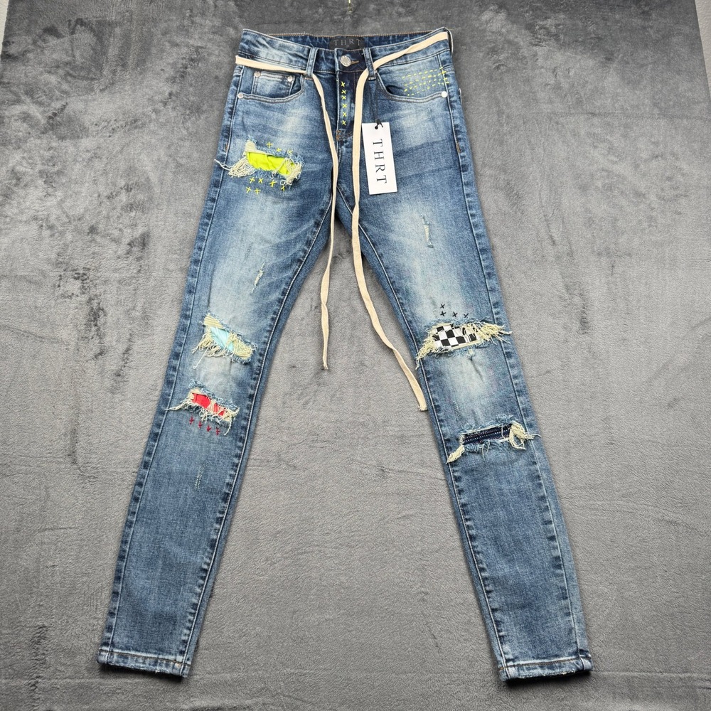 THRT Distressed Patchwork Jeans Mens 28 Skinny Stretch Denim New